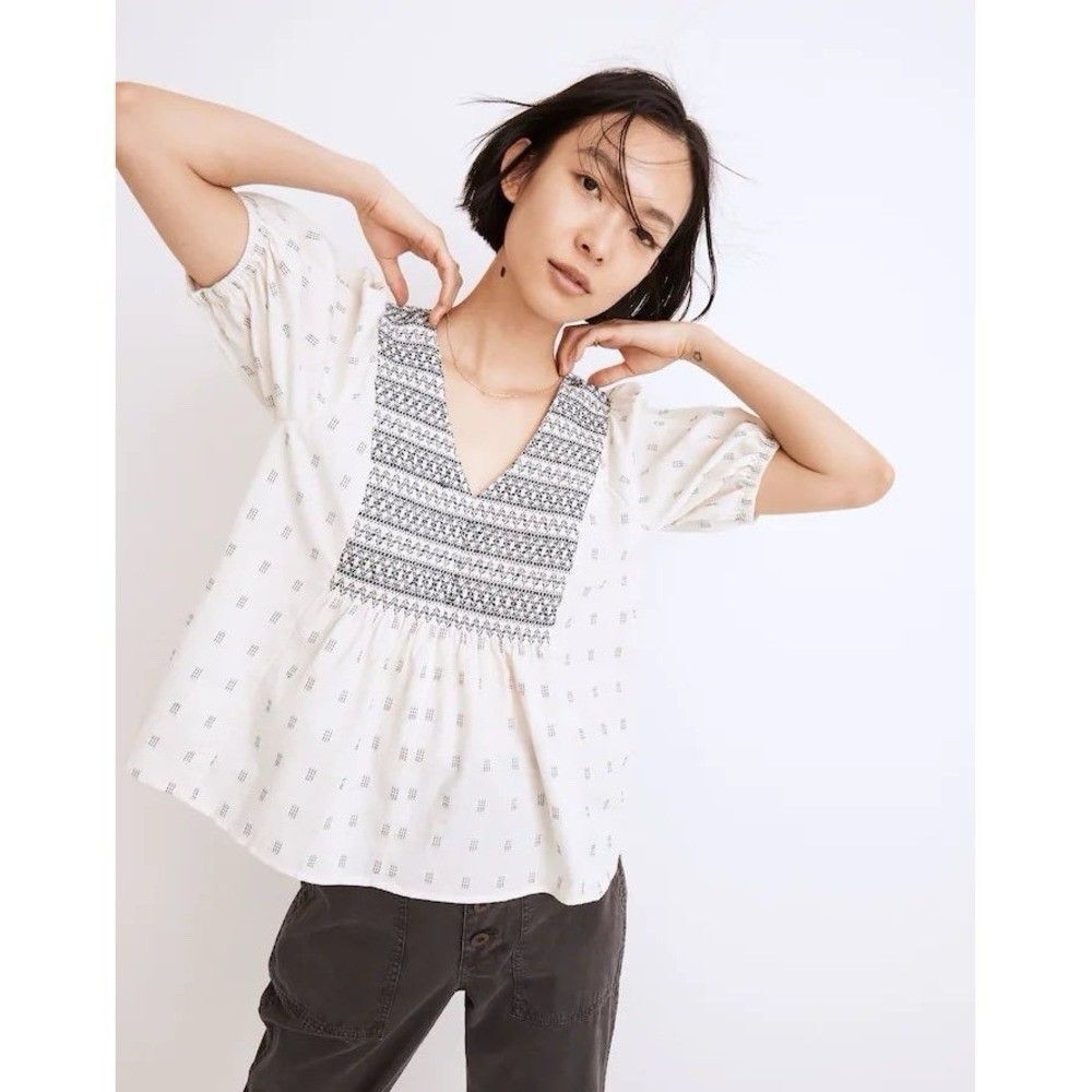 Madewell Embroidered Smocked V Neck Puff Sleeve Peasant Top Cream Navy XS